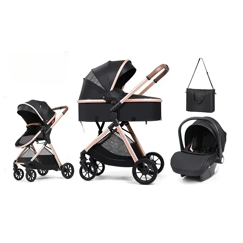 3-in-1 baby stroller, high landscape stroller, equipped with car seat, mom bag, one click folding, can sit and lie down