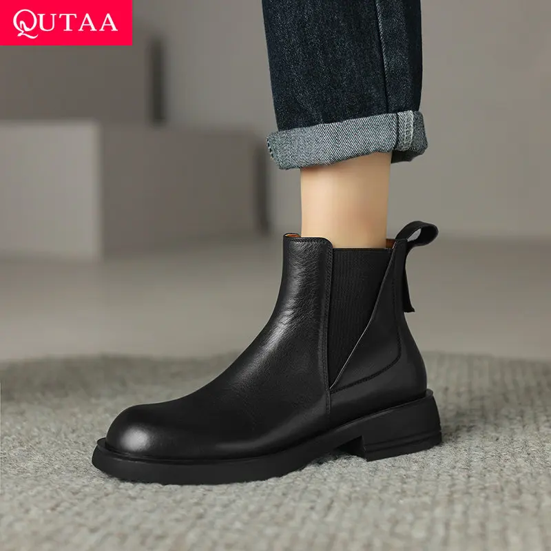 QUTAA 2025 Fashion Women Ankle Boots Vintage Metal Low Heels Leather Round Toe Autumn Winter Motorcycle Boots Shoes Size 34-39