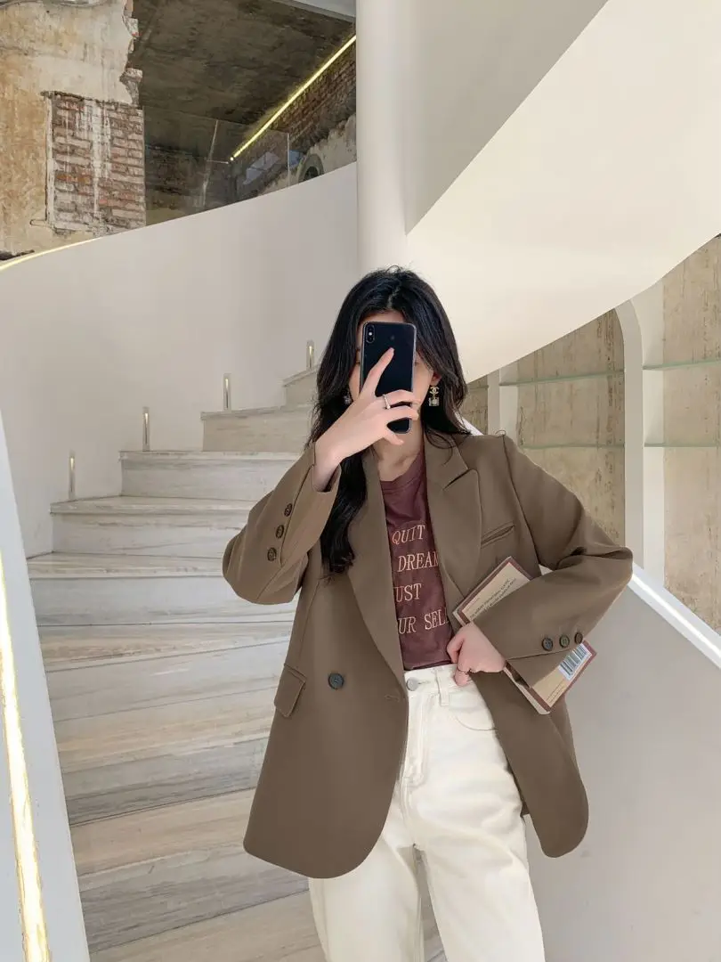 Abiti popolari coreani Stile vecchio denaro Donna Blazer nero Cappotto da donna Singolo bottone Puro paillettes Silhouette Abbigliamento Vita chiusa