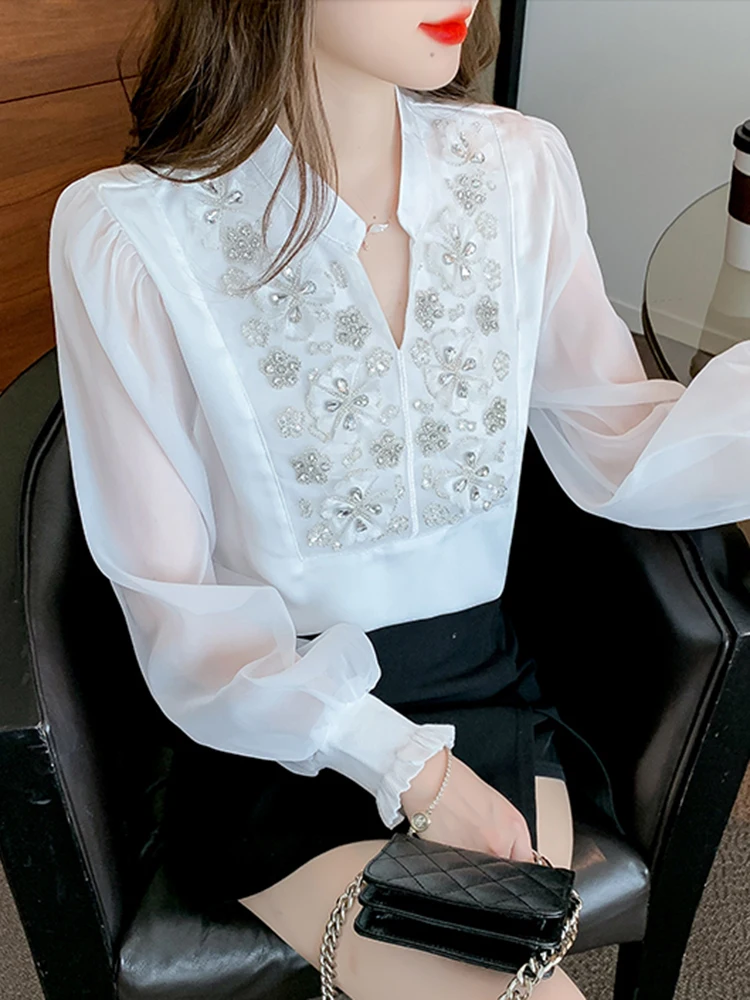 QOERLIN High Quality Beading White Shirts Elegant Women 2023 New Bubble Sleeve Tops Blouse Mesh Shirts Korean Fashion Outfits