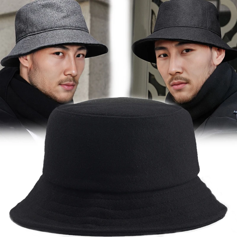 Big Head Men Bucket Hat Women Big Brim Wool Keep Warm Windproof Fashion Designer Solid Color 2022 Winter Panama Men Fishing Hat