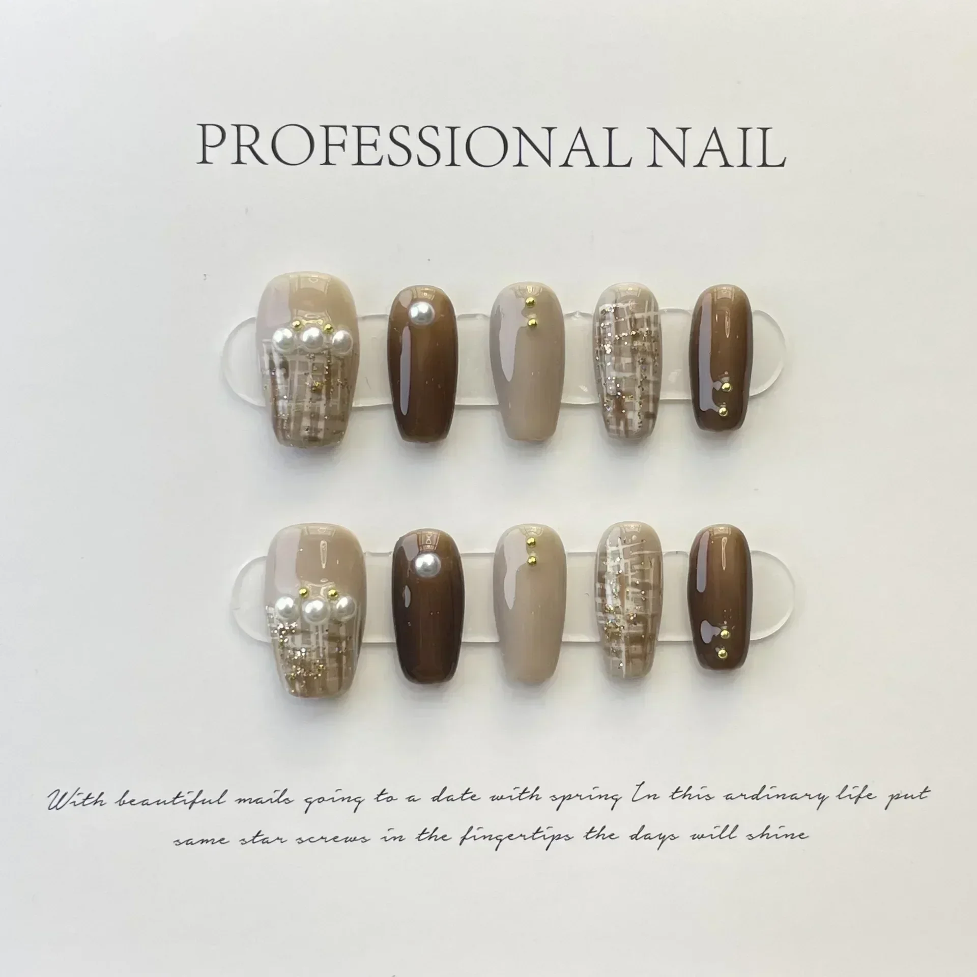 10Pcs Light Luxury Handmade Press On Nails Mid-Length Ballerina Fake Nails with Acrylic Full Cover Wearable Artificial Nail Tips