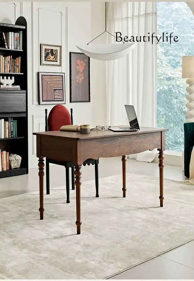 N19 French Retro Solid Wood Desk Home Study Living Room Computer Desk Writing Desk Oak