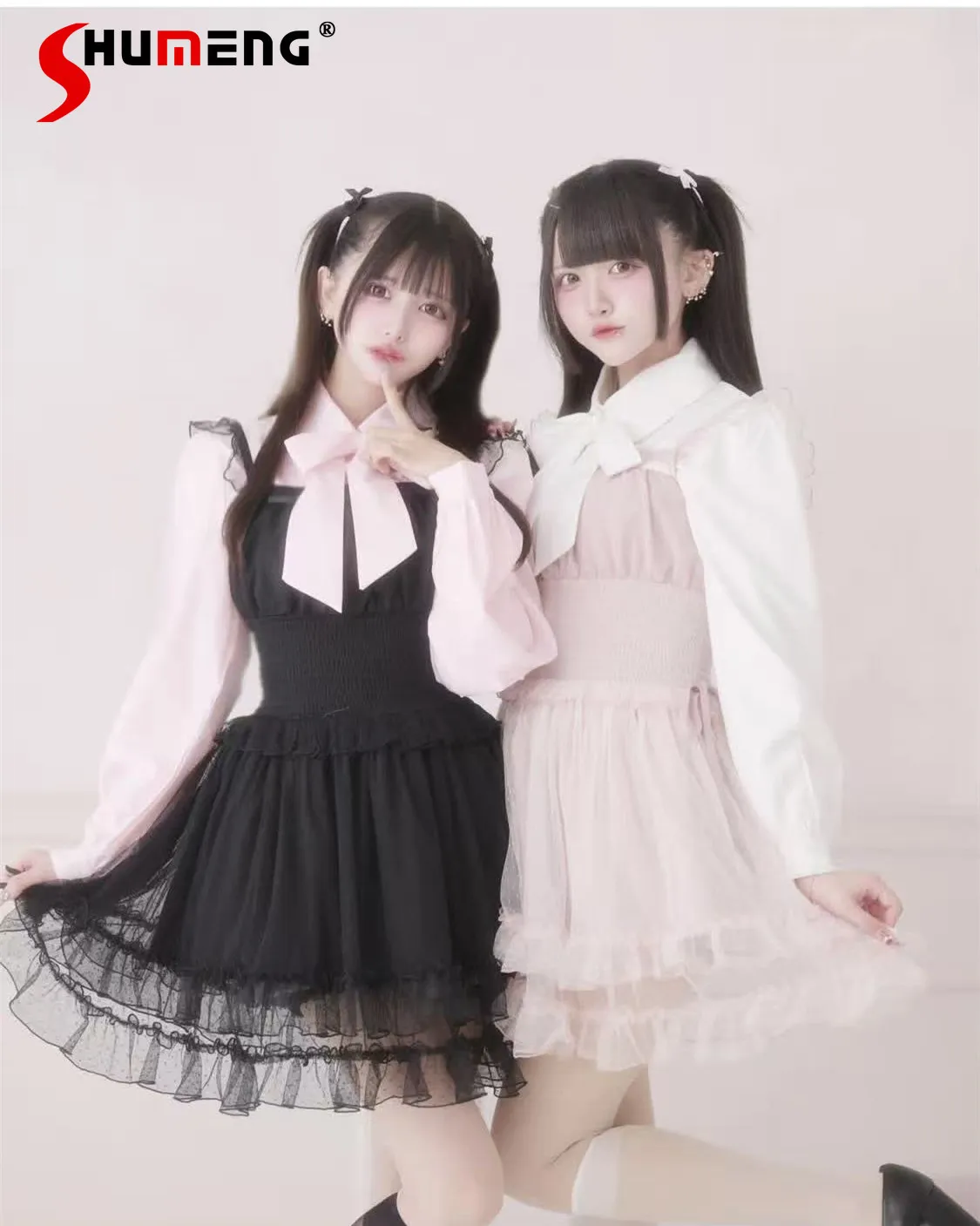 

Японская женская блузка с длинным рукавом в стиле Лолита, с вышивкой, шнуровкой, бантом, воротником поло, на одной пуговице, весна 2026