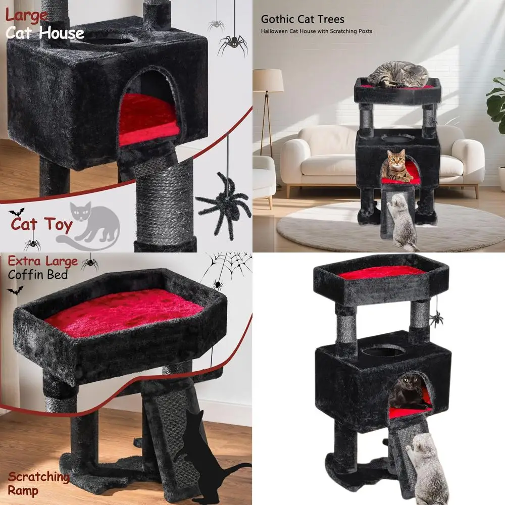 

Крытая башня в виде кошачьего дерева в готическом стиле с кроватью для гроба, кондоминированной мельницей, когтеточками и игрушкой-пауком — черный с красными акцентами