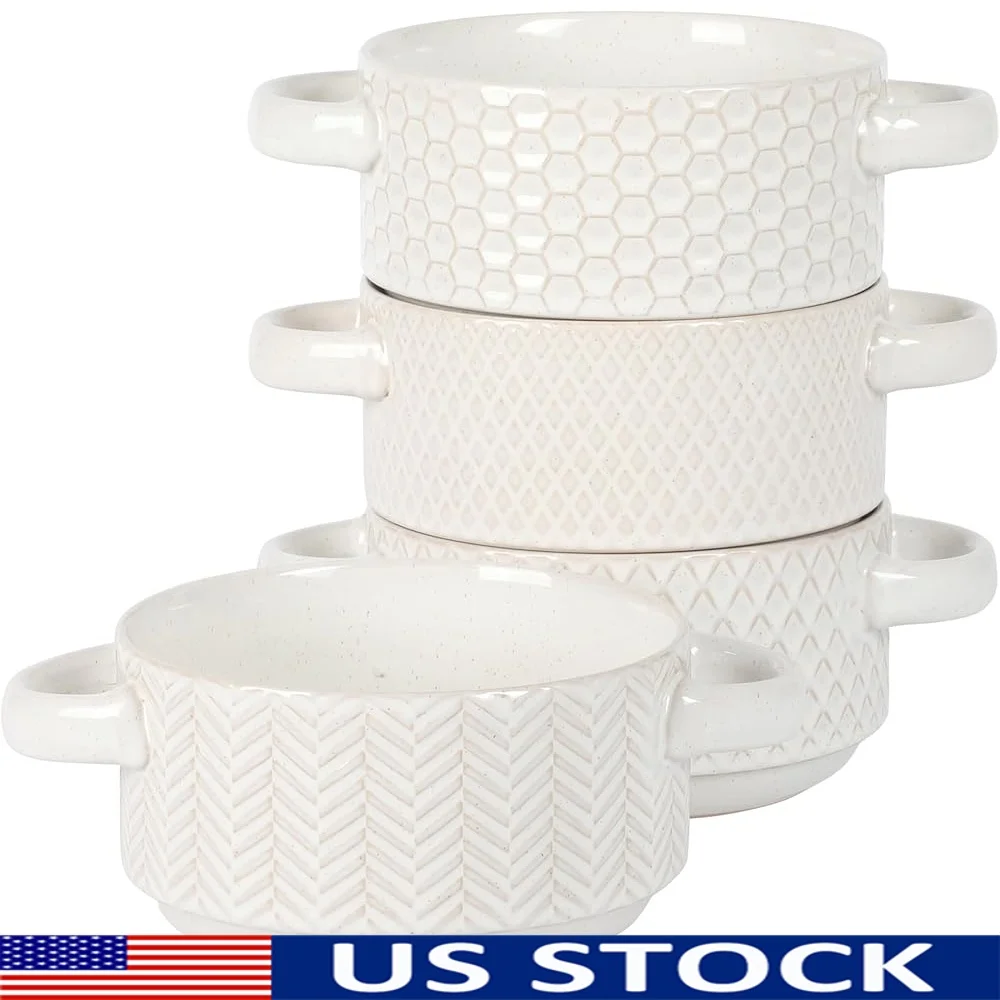 

Stackable Soup Bowls Set with Handles 6 Inch Stoneware Durable Unique Reactive Glaze Ribbed Design Microwave Safe Soup Stew