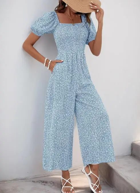 2025 Baru Square Wanita Gambar Bunga Slim Fit Lebar Kaki Jumpsuit Leher Gelembung Lengan Serut Jumpsuit Pinggang Tinggi Slim Fit