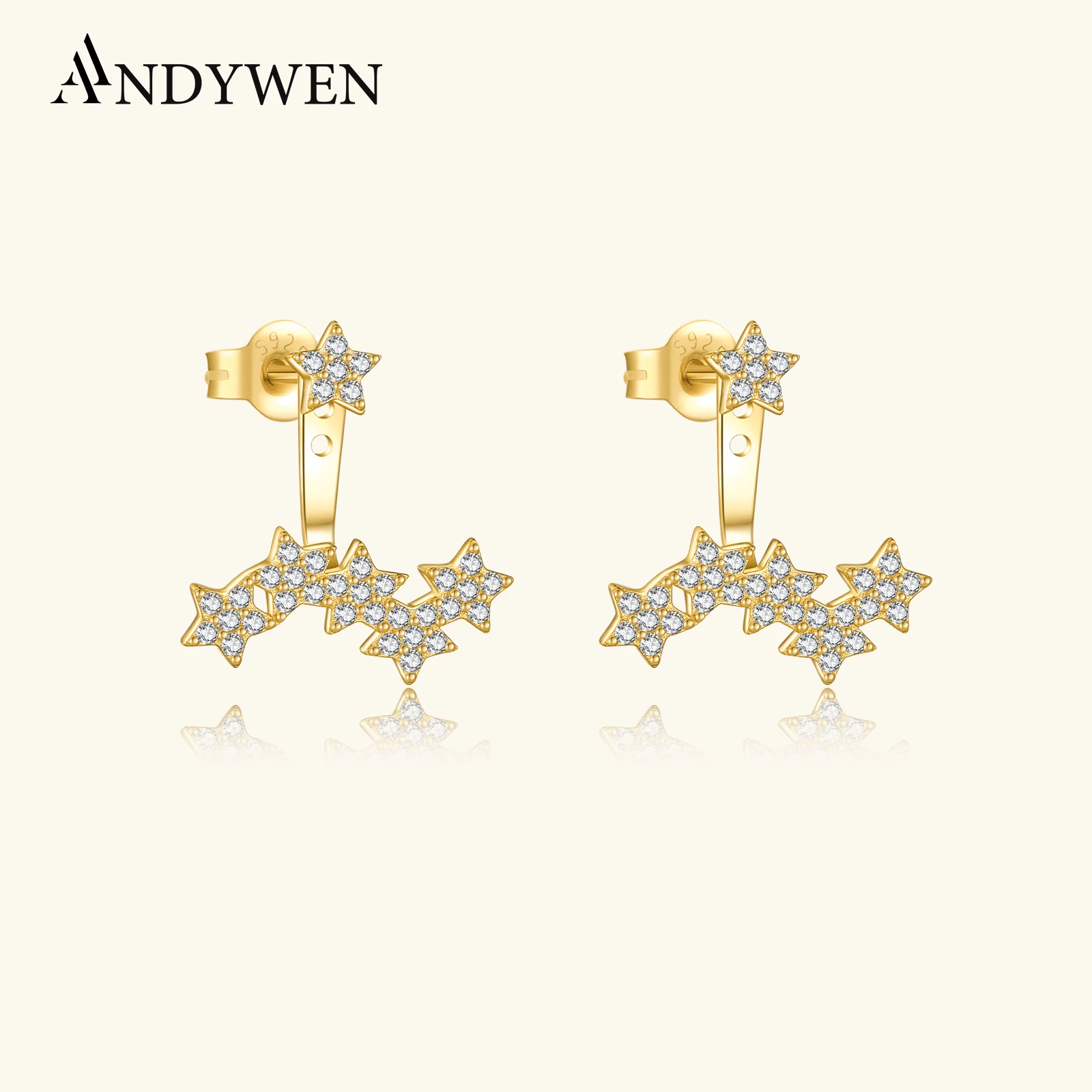 ANDYWEN New 925 Sterling Silver Gold Star Earring Drop Women Luxury CZ Zircon Pave Pendientes Fine Jewelry 2023, prezent ślubny