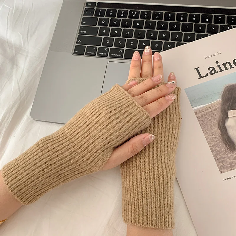 Half-finger gloves Women\'s autumn/winter Korean edition all-tie knitted warm vertical striped wool half-cut student writing cycl