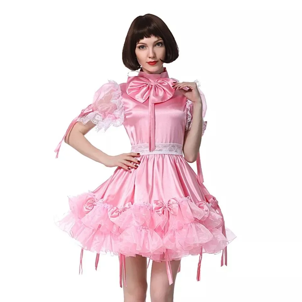 Sissy Pink Satin Sexy Maid Bow Lace Dress Lockable Cosplay Halloween Lace Customized