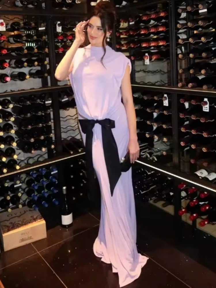 

2025 Women Sexy Sleeveless Turtleneck Backless Purple Maxi Long Dress Birthday Party Costume Nightclub Stage Performance Dress