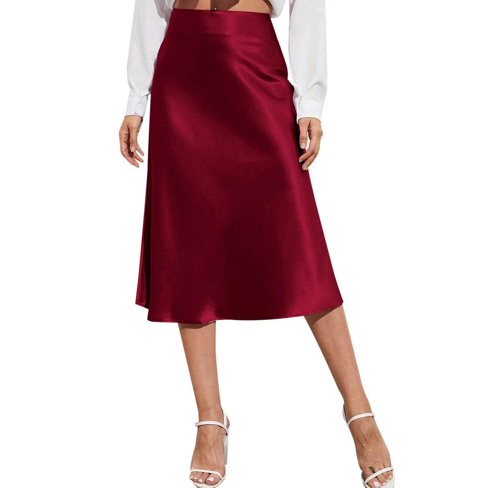 Elegant Women\'s Skirts High Waist Silk Satin A-line Skirt Lady Fashion Elegant Solid Color Skirts for Women 2024 Summer Faldas