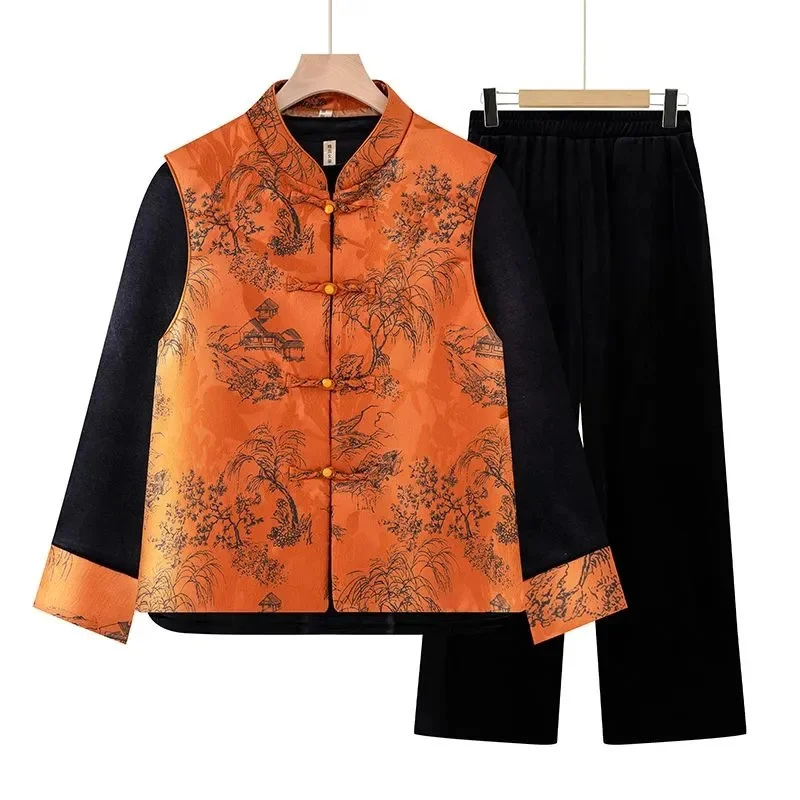 6XL 7XL Large Size Mother Gold Velvet Sets 2026 Elderly Women's Chinese Style Sleeveless Vest Pullover Tops+ Pants 3 Piece Suits