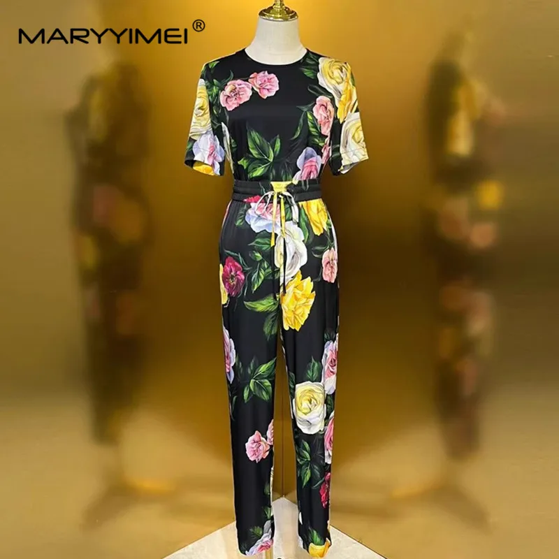 MARYYIMEI Spring and Summer Women's Suit Short-Sleeved Casual Tops+Elastic waist lace up pencil pants Print Silk 2-piece set