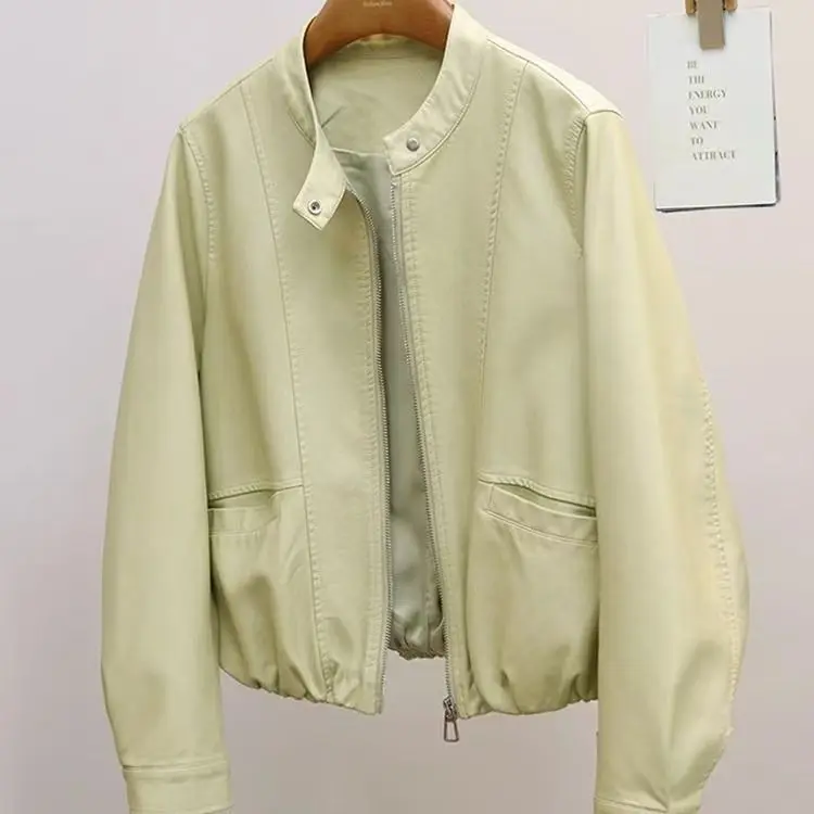 

Зеленая кожаная куртка, пальто, силуэт, винтажное уличное трендовое короткое пальто на молнии с лацканами, свободный повседневный топ, верхняя одежда, осень