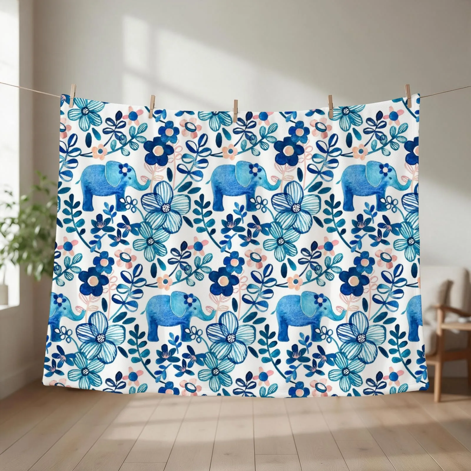 Blush Pink, White and Blue Elephant and Floral Watercolor Pattern Throw Blanket Decorative Throw manga Baby Quilt Blankets