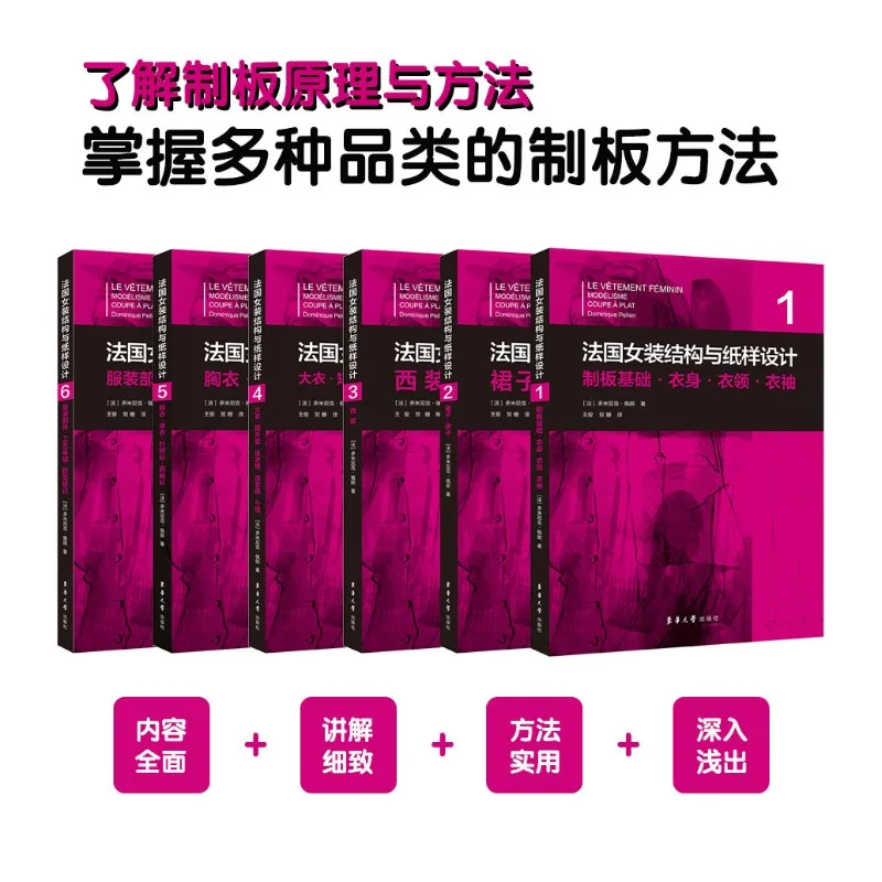 6 livros sobre a construção e o design de padrões de vestuário feminino francês, e sobre a confecção de roupas, volumes 1 a 6, versão chinesa, de Dominique Perrin.