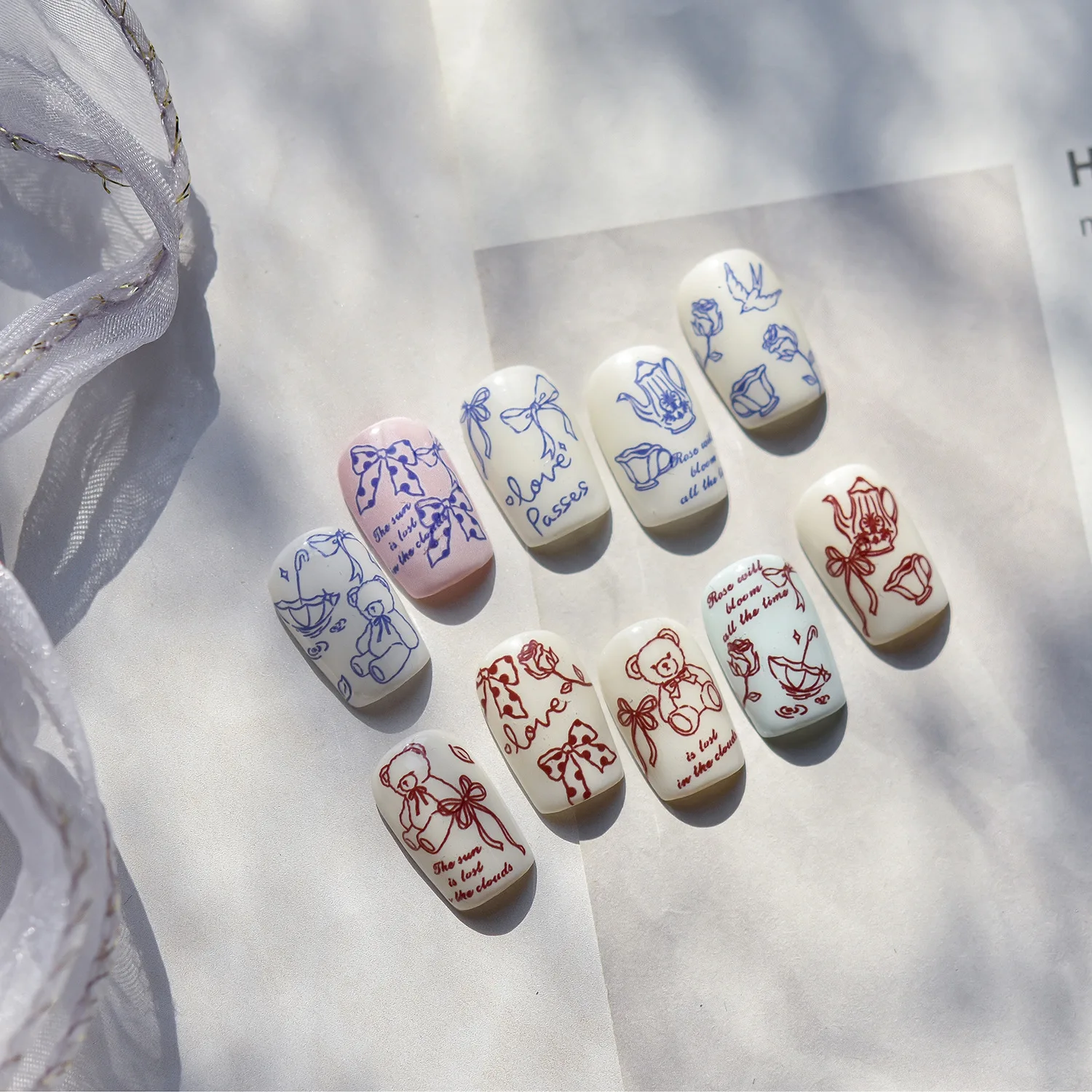 لطيف الكرتون ملصقات الأظافر رقيقة صعبة الحديثة بسيطة خط الدب مسمار الفن اكسسوارات ملصقات الظهر لاصق الأظافر زينة ثلاثية الأبعاد #6