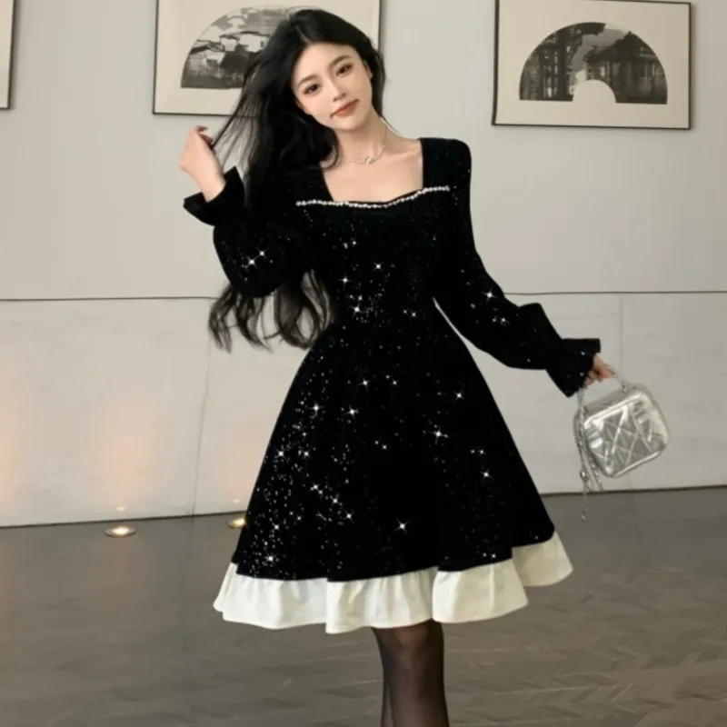 Autumn Shiny Velvet Midi Dresses for Women Long Sleeve Square Collar Oversize Ruffles Patchwork Christmas Party Dress Vestidos