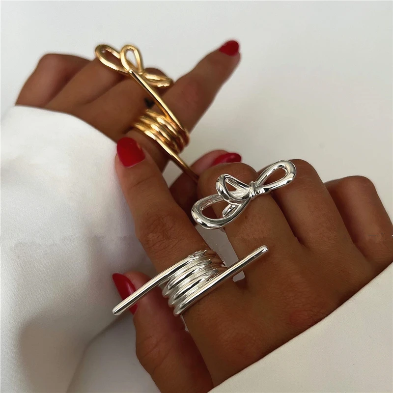 HUANZHI Irregular Multiple Lines Punk Ring Exaggerated Bow Minimalist Vintage Y2K Jewelry for Women 2024 New