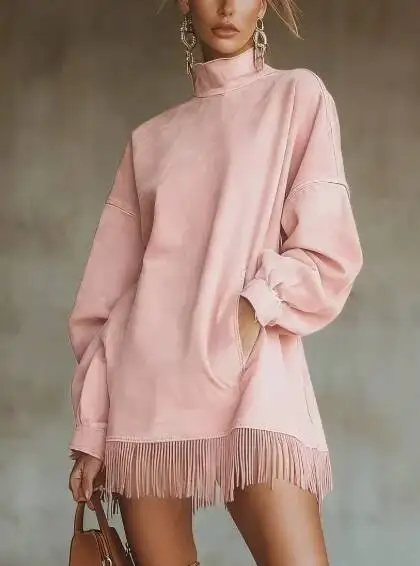 

Clothes Elegant Party Suede Fashion Long Sleeve High Collar Fringe Skirt Dress Woman Mini Dresses Female Clothing