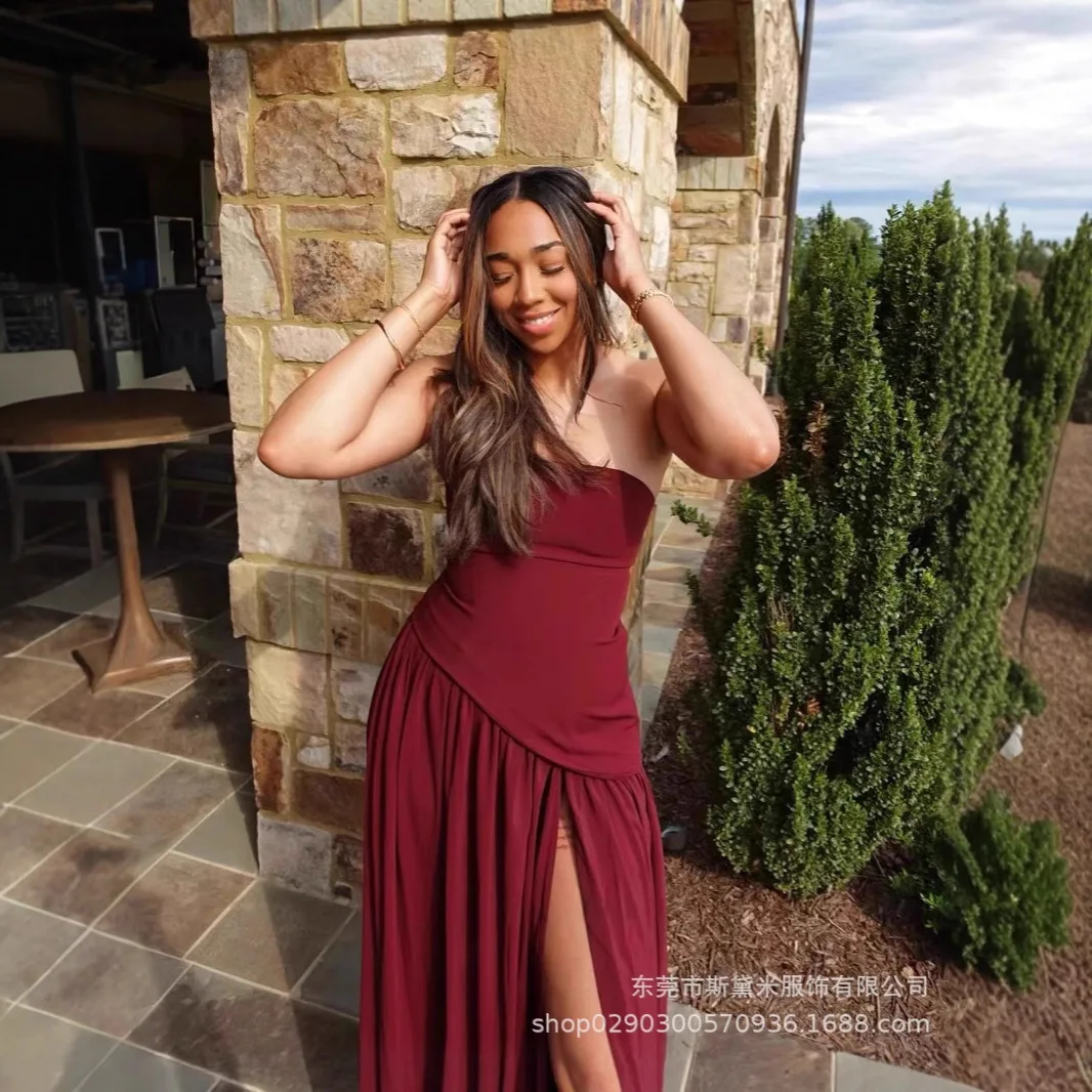 2025 Temperament Contrasting Zipper Tight Dress Irregular Slit Sexy Long Dress European and American