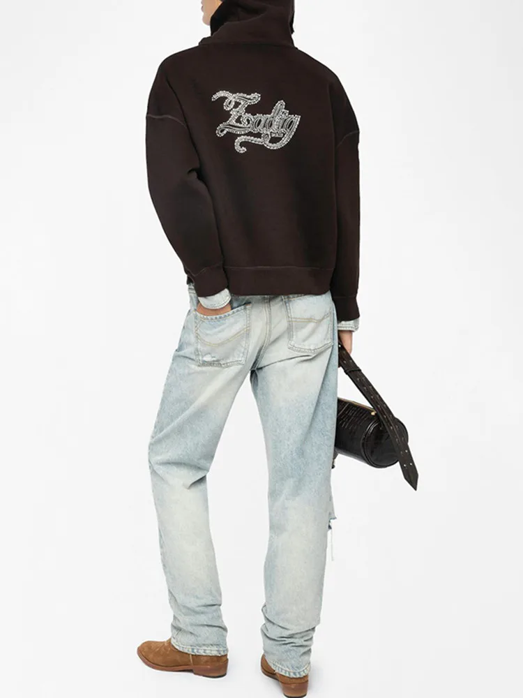 خريف شتاء المرأة بلوزة من الصوف عودة إلكتروني التطريز الساخن حجر الراين نصف سستة سيدة بدوره إلى أسفل طوق أعلى جديد 2025