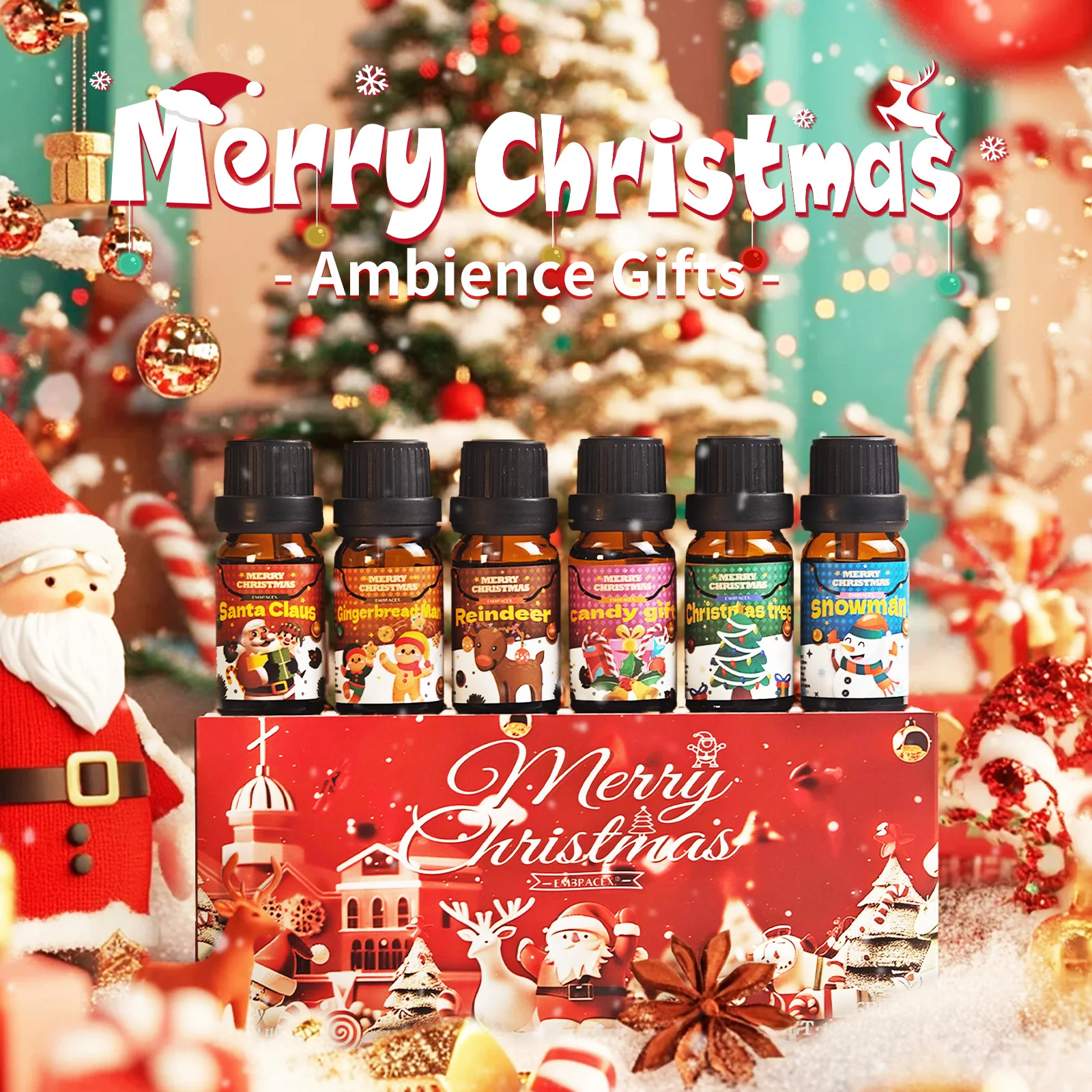 6PC/1Set Christmas Fragrance Oils Merry Christmas Gift Set For Diffuser Humidifier Car DIY Candle Making Six Scents Home Decor