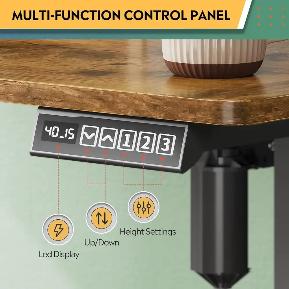 Rustic Brown Electric Standing Desk: 55x28 Inches with 3 Adjustable Heights, Drawers, Storage Shelf, USB Outlets, and Memory Pre
