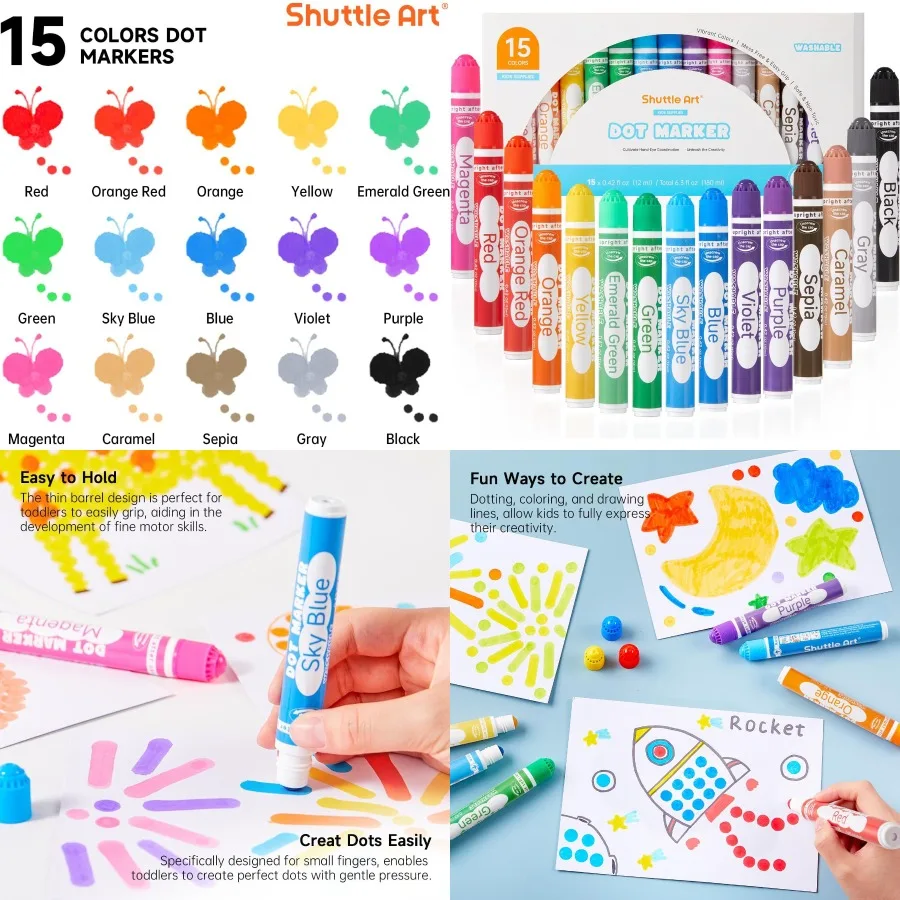 

Художественные маркеры Shuttle, 15-цветные моющиеся точечные маркеры для малышей, принадлежности для бинго Daubers для дошкольников, нетоксичные на водной основе
