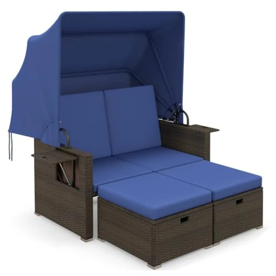 

Outdoor rattan daybed with retractable canopy beige cushions weather-resistant PE rattan 4-position adjustable backrests 2 fold