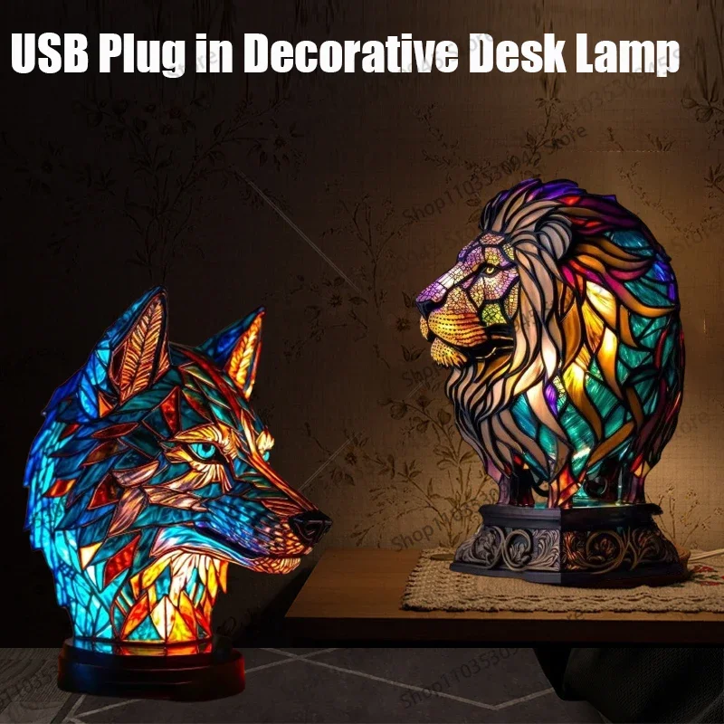 candeeiro de mesa de vidro colorido resina forma animal usb luz noturna lobo dragao desktop ornamentos ambiente quarto 3d 01