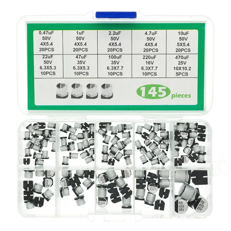 145pcs 10 Specifications Smd Electrolytic Capacitor Matching Kit 0.47v~50v 1uf~470uf Boxed