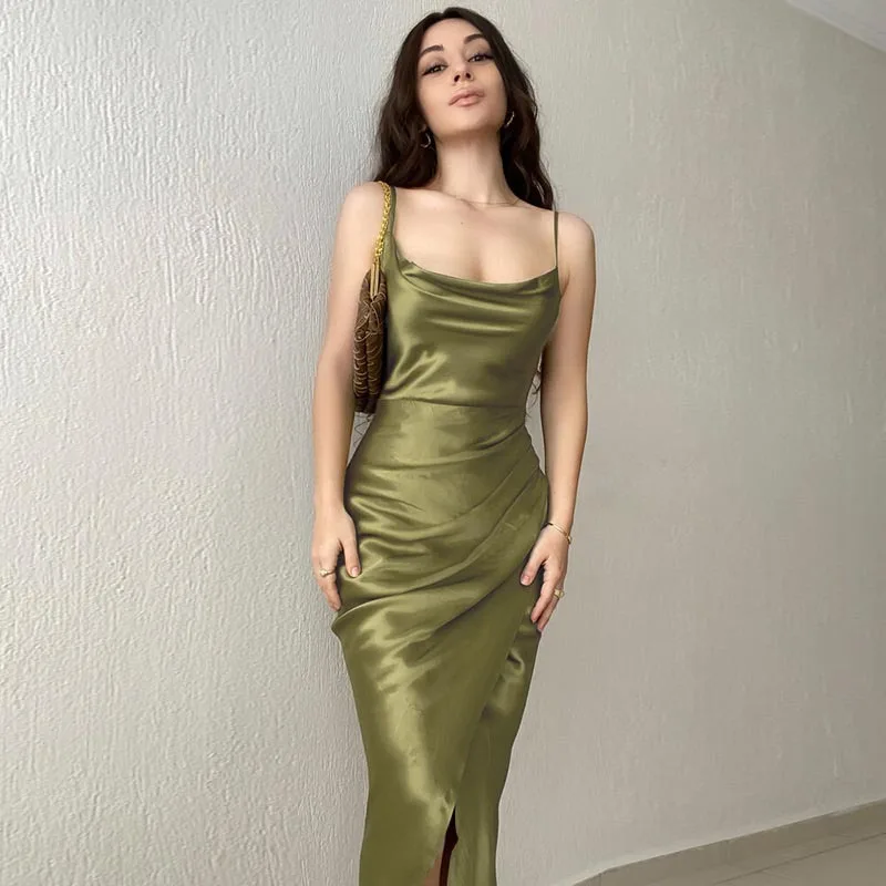 European and American spicy girl style sexy low cut satin slit suspender dress, new slimming backless long skirt