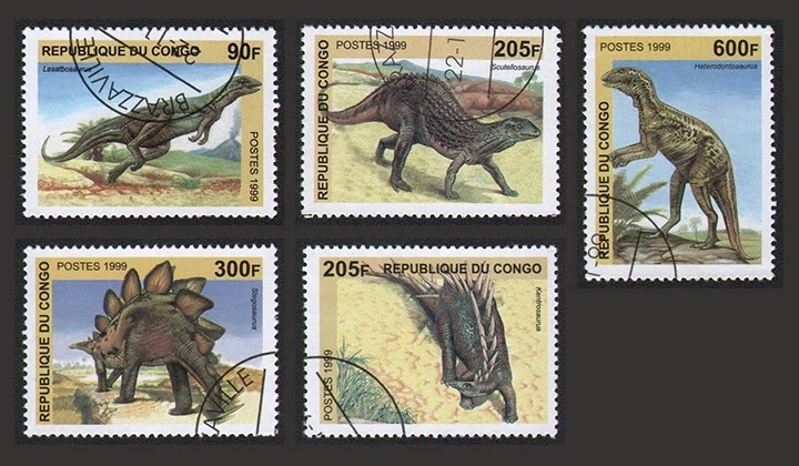 5Pcs/Set Congo Post Stamps 1999 Prehistoric Animal Dinosaur Ceratosaurus  Marked Postage Stamps for Collecting