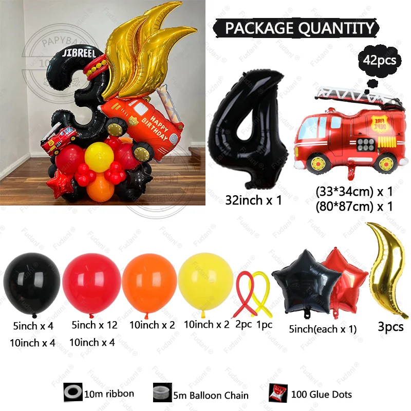 42 قطعة بالون شاحنة الإطفاء 1-9 مجموعة رقمية سوداء أحمر برتقالي أصفر النار Globos للبنين أطفال رجال الاطفاء تحت عنوان حفلة عيد ميلاد ديسمبر