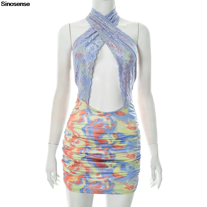 المرأة طباعة الدانتيل المرقعة الصيف Bodycon فستان قصير مثير Bodycon أكمام متقاطع Ruched الرسن ليلة نادي فستان الحفلات