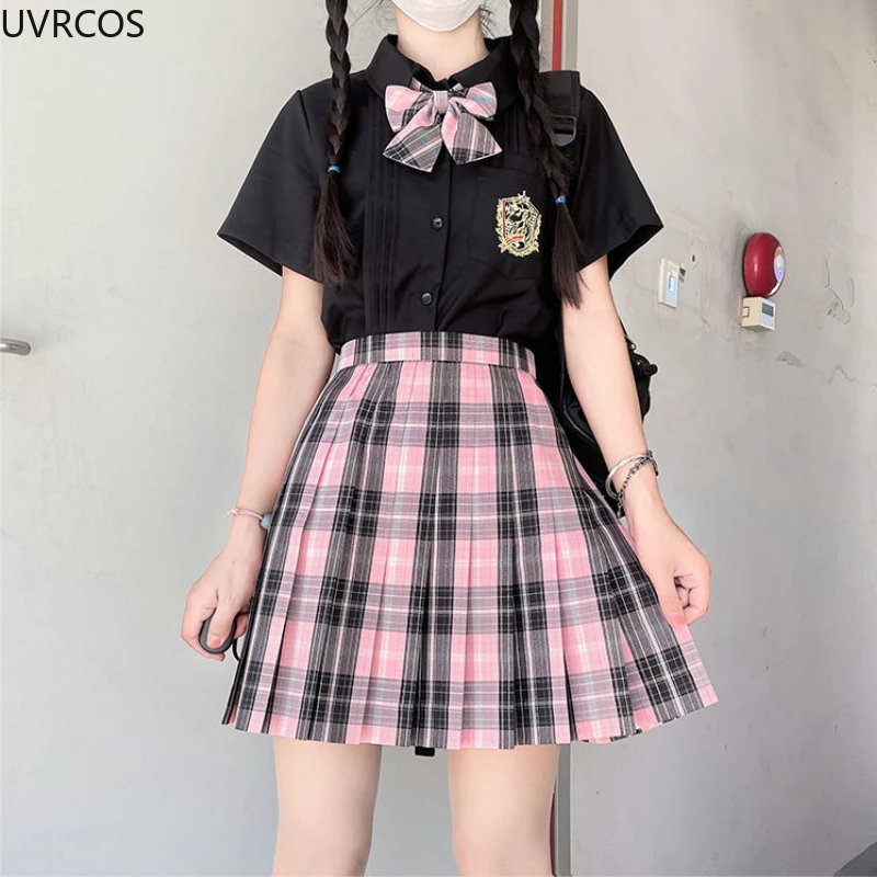 Gonne scozzesi dolci stile Preppy giapponese donna gotico rosa nero minigonna a pieghe a vita alta Kawaii Girls JK Uniform Harajuku