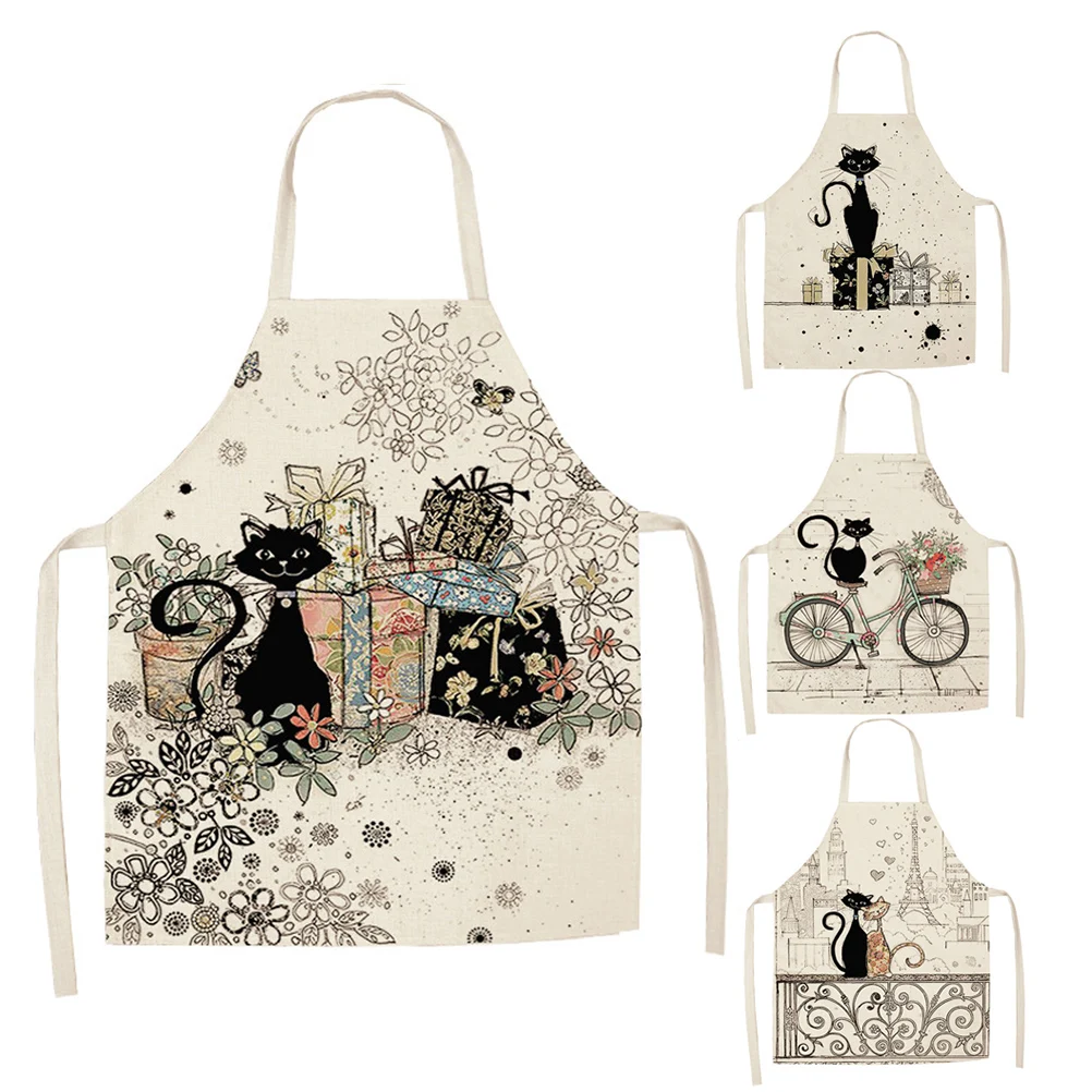 

1 Pcs Cute Cat Pattern Kitchen Apron for Women Cotton Linen Bibs Household Cleaning Pinafore Home Cooking Aprons