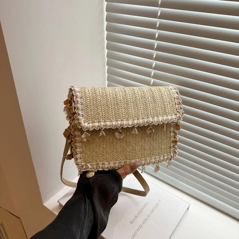 

Shell Tassel Straw Shoulder Bags for Women Simple Ladies Woven Square Messenger Bags Casual Female Beach Flap Handbags Purse