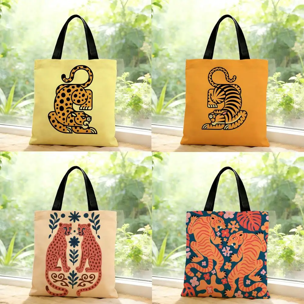 Simple Fashion Leopards And Tigers Storage Bags Canvas Bags Series Print Bag Lightweight Shoulder Bag Shopping Bags