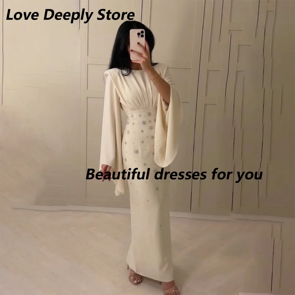 

Индивидуальное вечернее платье для свадебной вечеринки с круглым вырезом, длинными рукавами, прямого кроя, роскошное, из джерси, с кристаллами, длиной до щиколотки, для выпускного вечера