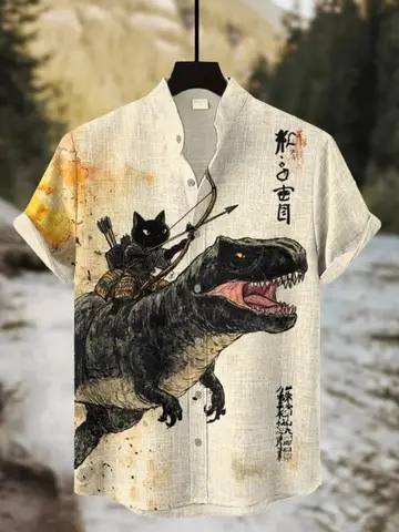 Men's Black Cat Riding A Dinosaur Shirt Shooting Arrows Away From Explosion Calligraphy Art Print Casual Japanese Retro Clothes