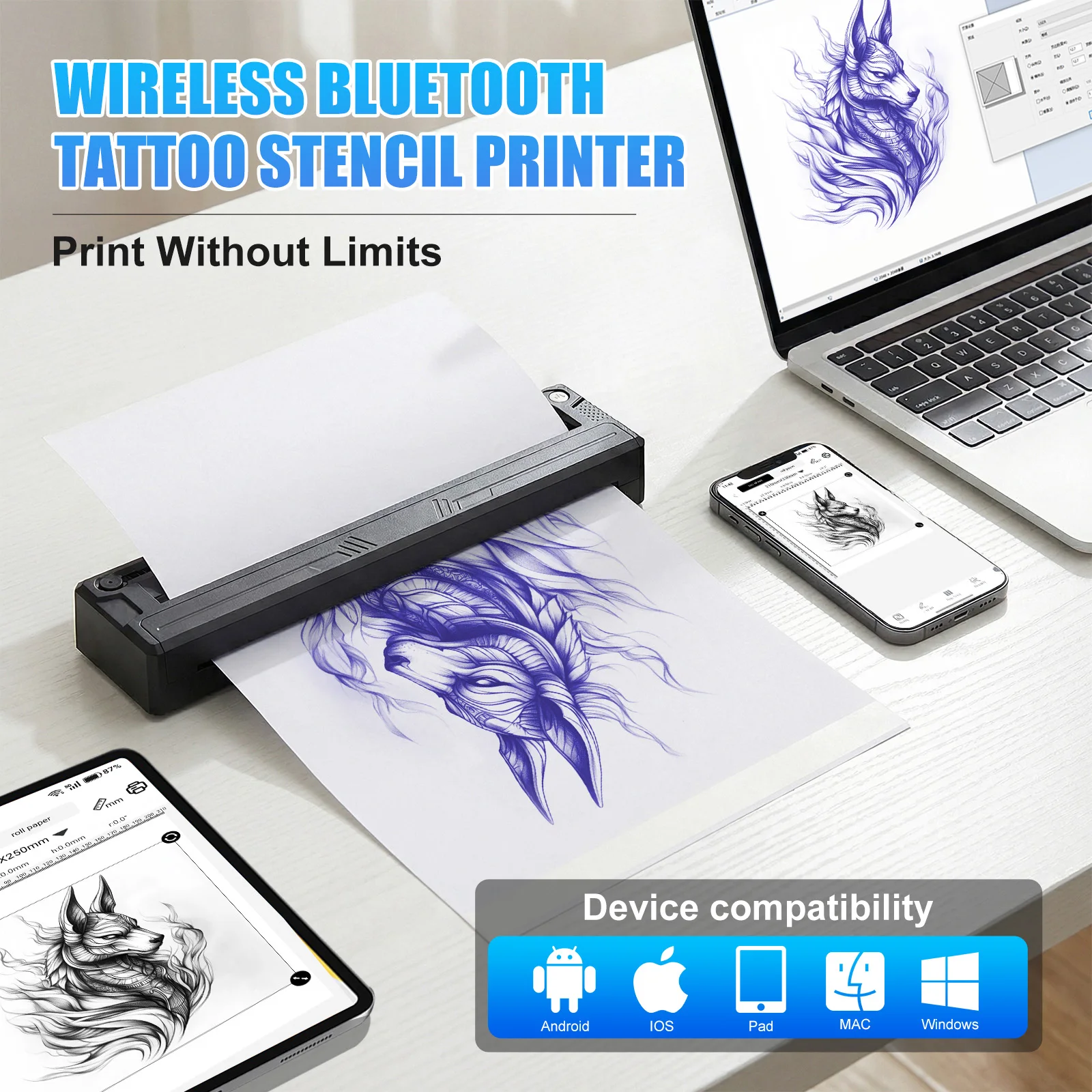 

Портативный термопринтер для трафаретов для татуировок, устройство для создания трафаретов, печать фотографий и рисунков, совместимость с мобильными устройствами/iPad/ПК