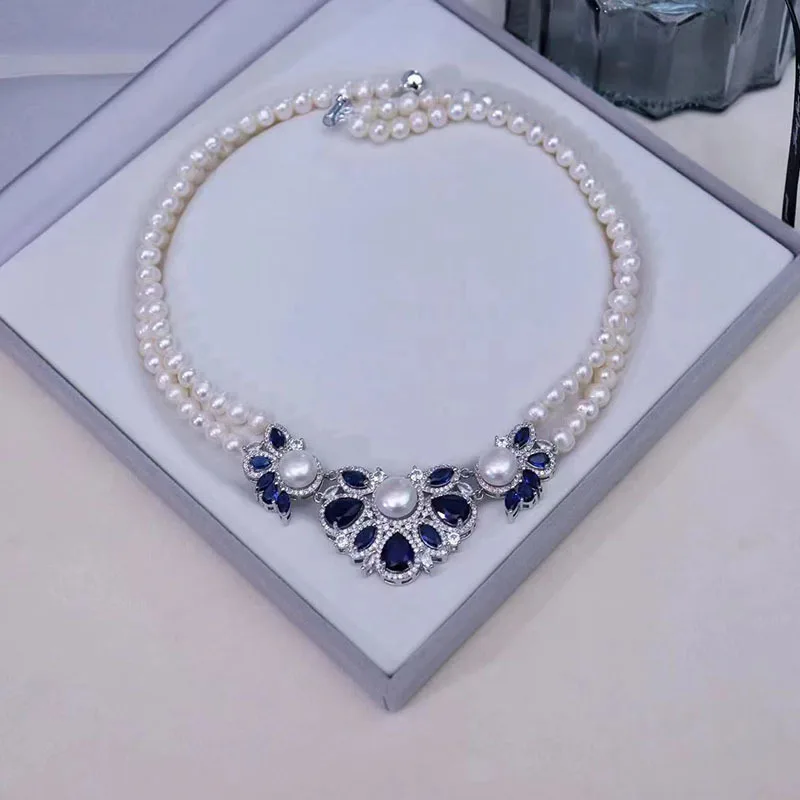 

2rows freshwater pearl white near round 6-7mm +blue zircon flower pendant necklace FPPJ