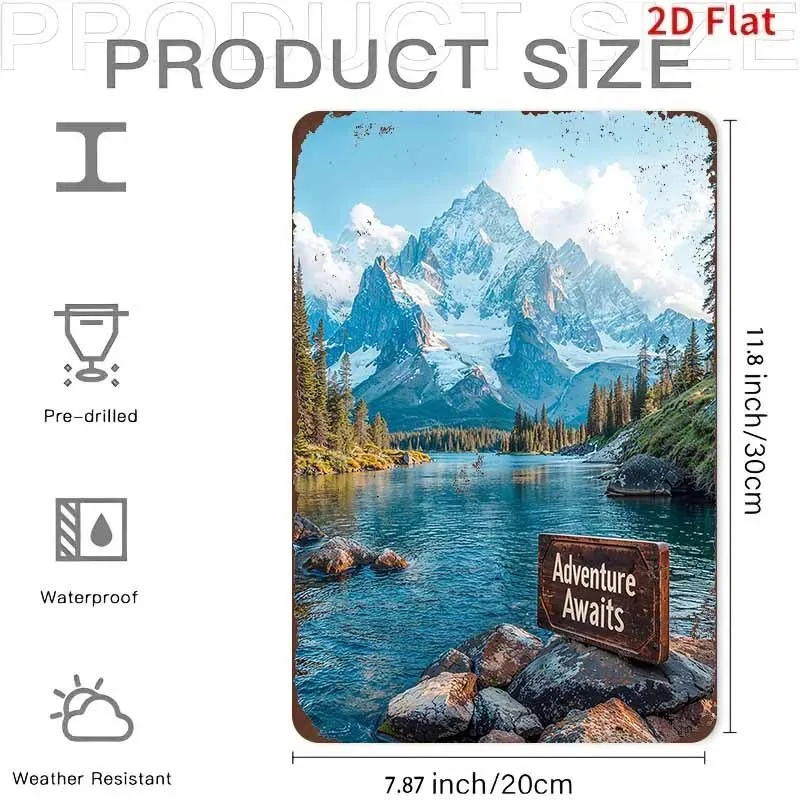 مسطح ثنائي الأبعاد، قطعة واحدة من لافتة معدنية عتيقة ثنائية الأبعاد، "مغامرة بحيرة جبل ثلجية - زخرفة لوحة من القصدير"، مثالية للمنزل، غرفة المعيشة