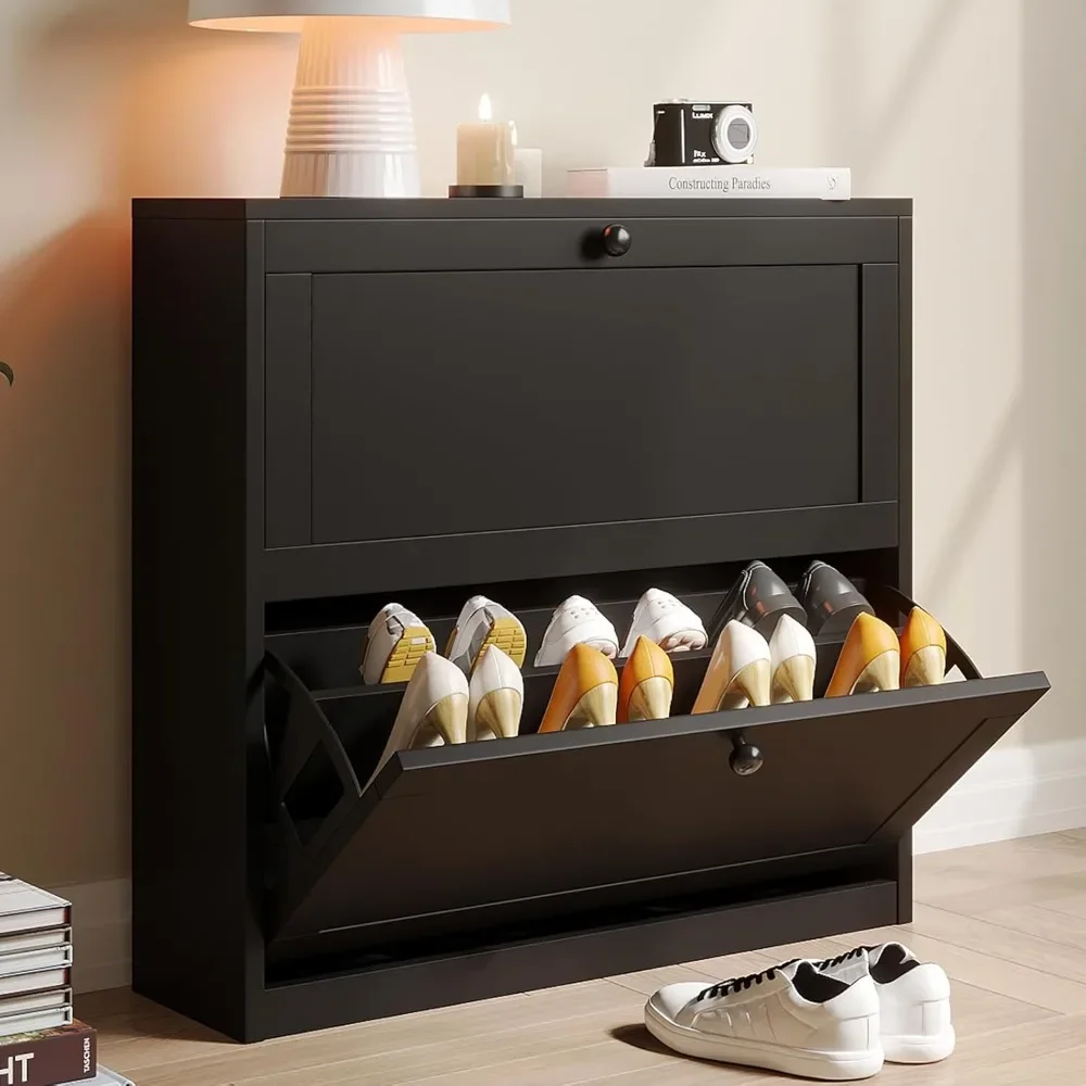 

Shoe cabinet with two flip drawers, free-standing shoe cabinet with adjustable shelves and anti-tip device, three-color option