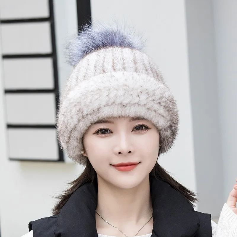 

Mink Fur Hat Winter Thickened Ear Protection Cap With Fox Ball Hat Natural Fur Warm Snow Caps Women's Knitted Real Fur Hat