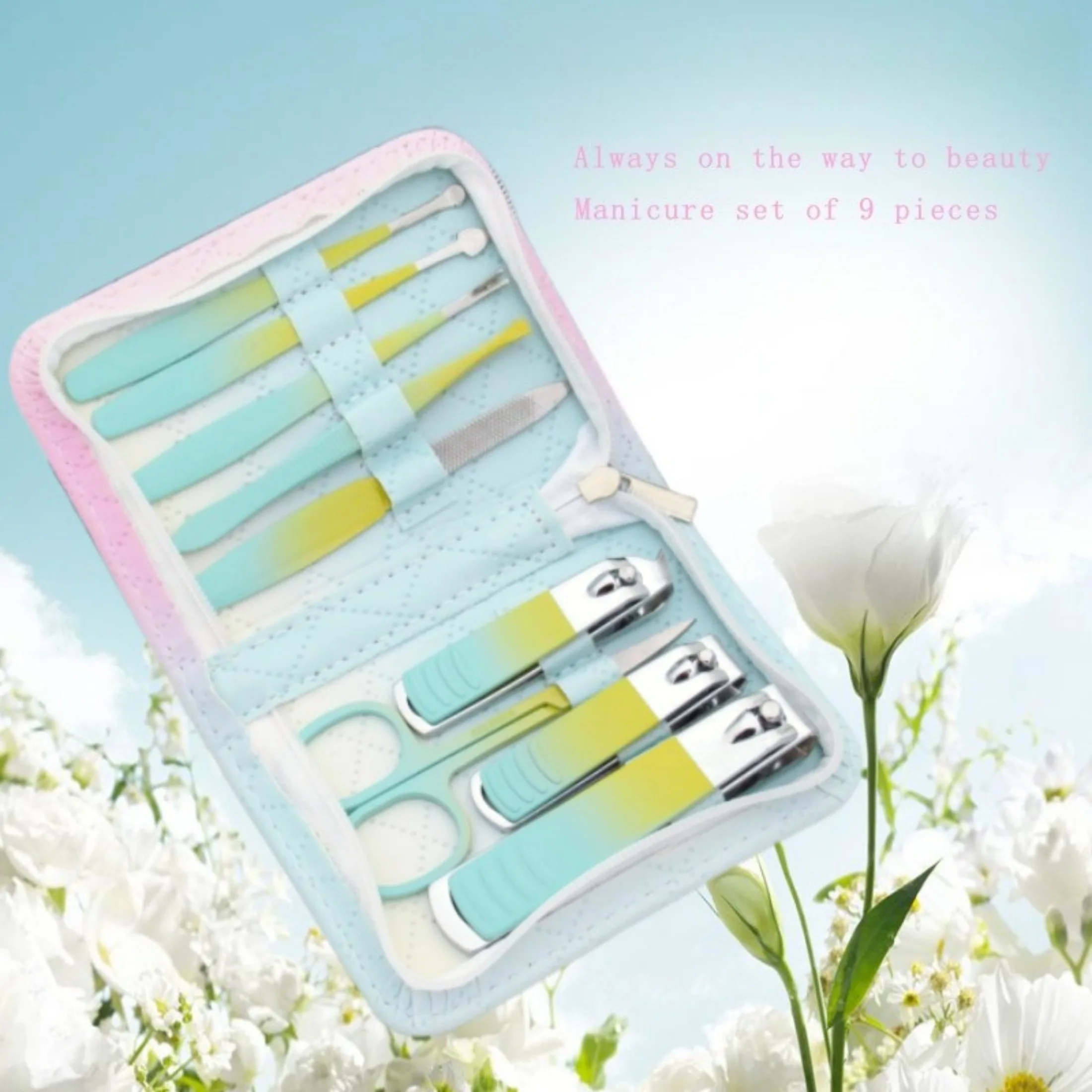 Set da 9 pezzi per nail art con gradiente arcobaleno Kit tagliaunghie per la casa in acciaio inossidabile Strumento completo per tagliare le unghie Portatile Facile da riporre