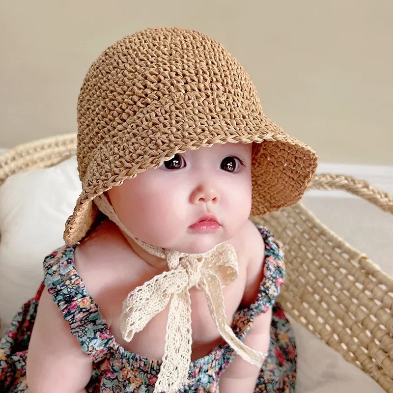 Chapeau de pêcheur en paille pour fille, chapeau de plage d'été pour bébé en bas âge, avec nœud en dentelle, Panama, ombre pour bébé, Pot de protection solaire